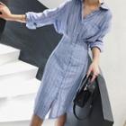 Long-sleeve Striped Midi Sheath Shirt Dress