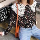 Crochet Lace Collar Printed Blouse