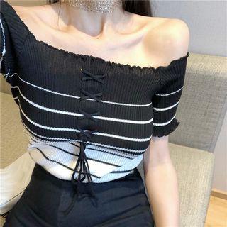 Striped Short-sleeve Off-shoulder Knit Top