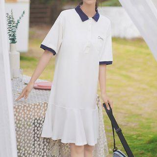 Contrast Trim Short-sleeve Lettering A-line Polo Dress