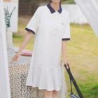 Contrast Trim Short-sleeve Lettering A-line Polo Dress
