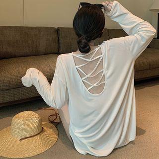 Long-sleeve Open-back Cross Strap Round-neck T-shirt