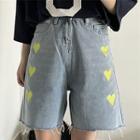 Heart Print Denim Wide-leg Shorts