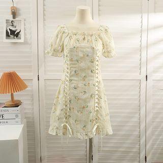 Off-shoulder Lace Up-front Floral Mini Dress