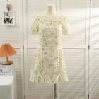 Off-shoulder Lace Up-front Floral Mini Dress