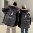 Couple Matching Furry Trim Lettering Hooded Padded Jacket
