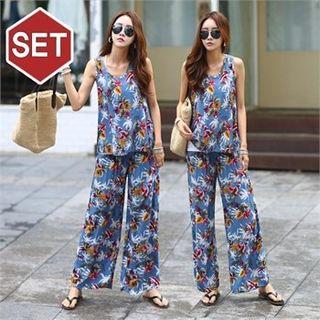Set: Hawaiian Sleeveless Top + Wide-leg Pants