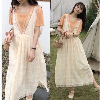 Elbow-sleeve T-shirt / Sleeveless Midi A-line Dress