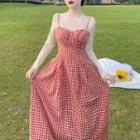 Long-sleeve Mock-neck Lace Top / Spaghetti Strap Check Midi A-line Dress / Set