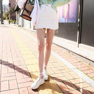 Zip-front Distressed Hem Mini Skirt