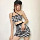 Set: Asymmetrical Checker Print Crop Camisole Top + Pencil Skirt