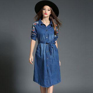 Floral Embroidered Midi Denim Shirtdress