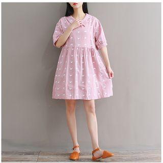 Print Short-sleeve Collared A-line Dress