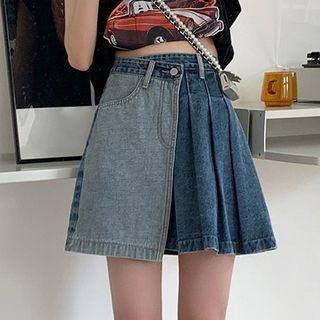 High-waist Asymmetric Panel Denim Pleated Skirt