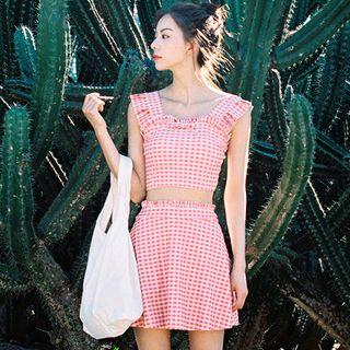 Set: Plaid Ruffled Swim Top + Bottom + Swim Skirt