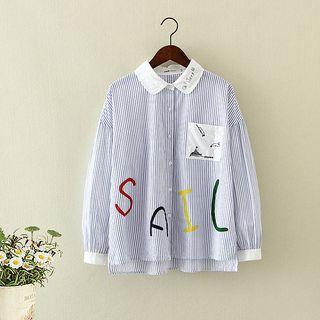 Letter Pinstripe Dip Back Long-sleeve Blouse