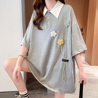 Oversized Flower Accent Polo Shirt