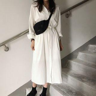 Long-sleeve Drawstring-waist Midi Shirtdress White - One Size