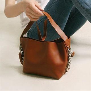 Set: Chain-accent Hand Bag With Strap + Pouch