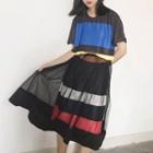Set: Striped Short Sleeve T-shirt Dress + Mesh Midi Skirt
