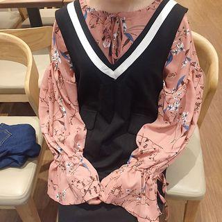 Set : Floral Print Chiffon Top + V-neck Sleeveless Dress