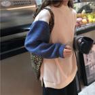 Contrast Sleeve Mock Neck Loose Sweater As Shown In Figure - One Size