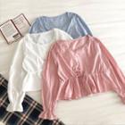 Plain Crewneck Single-breasted Lace-up Long-sleeve Blouse