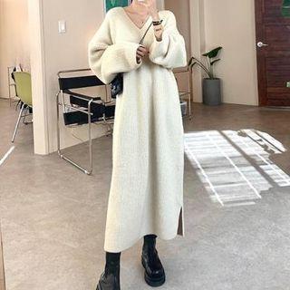 V-neck Knit Midi Shift Dress Off-white - One Size