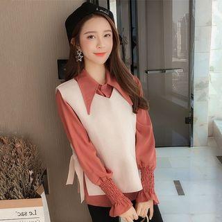 Set: Chiffon Shirt + V-neck Side-tie Vest