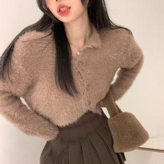 Fluffy Cardigan / Pleated Mini A-line Skirt