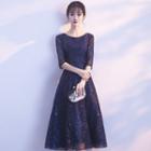 Lace Panel 3/4-sleeve A-line Party Dress / Evening Gown