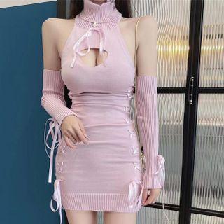 Set: Turtleneck Knit Mini Sheath Tank Dress + Oversleeves