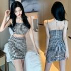 Houndstooth Cropped Camisole Top / Mini Pencil Skirt
