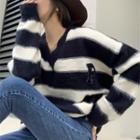V-neck Striped Loose-fit Sweater Black - One Size