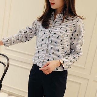 Tab-sleeve Stripe Floral Shirt