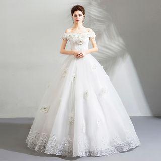 Off-shoulder Short-sleeve Flower Applique Wedding Ball Gown