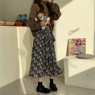 Floral Print Midi A-line Skirt / Cable Knit Turtleneck Sweater