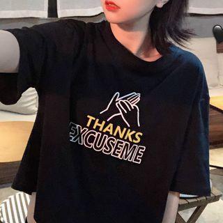 Elbow-sleeve Printed Cropped T-shirt Black - One Size