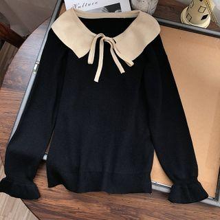 Long-sleeve Tie-front Collared Knit Top
