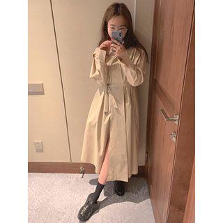 Mock-neck Hidden-button Shirtdress With Sash