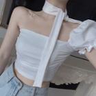 Short-sleeve One-shoulder Crop Top White - One Size
