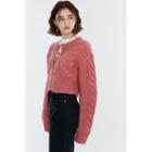 [lazy Sunday] Cable-knit Crop Cardigan Pink - One Size