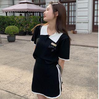 Short-sleeve Polo Knit Top / Mini A-line Skirt