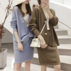 V-neck Cardigan / Plain Pencil Skirt