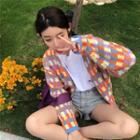 Long-sleeve Plaid Knit Cardigan As Shown In Figure - One Size