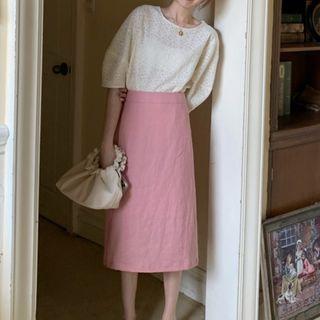 Elbow-sleeve Eyelet Blouse / Midi A-line Skirt