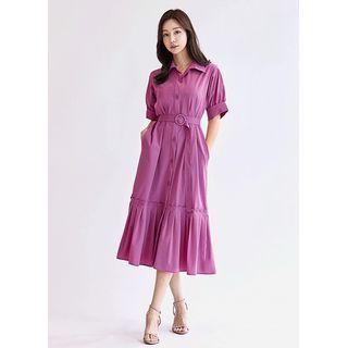 Puff-sleeve Pleated-hem Long Shirtdress With Belt