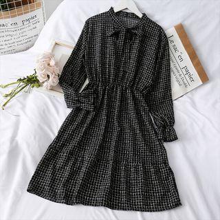 Ribbon-neckline Checker A-line Dress Black - One Size