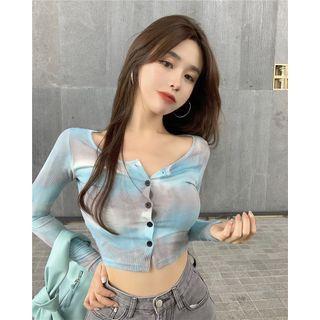 Tie-dyed Buttoned Long-sleeve Cropped Top Tie-dyed - Blue - One Size