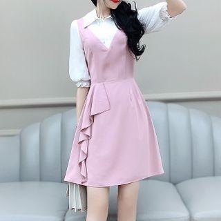 Mock Two-piece Elbow-sleeve Ruffle Trim Mini A-line Dress